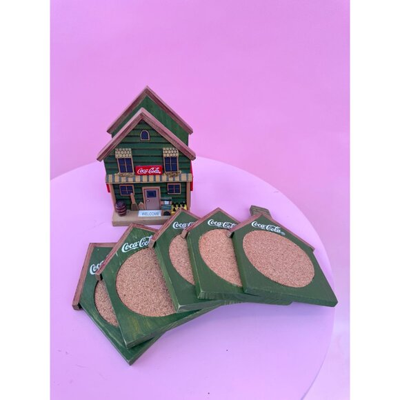 Coca-Cola Miniature Wooden Collectible Coaster Set Building Village Town - Picture 5 of 7